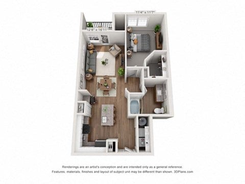 Floor plan for 1 bed, 1 bath, 853 sqft