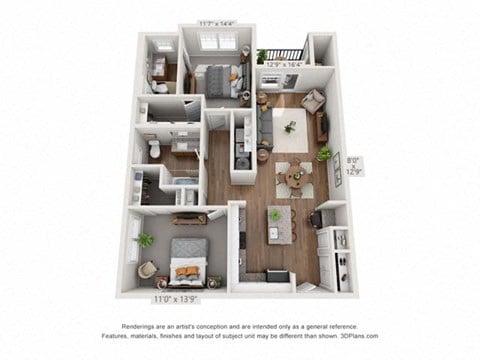 Floor plan for 2 beds, 2 baths, 1087 sqft