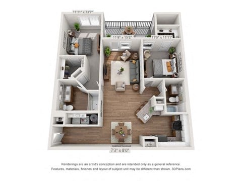 Floor plan for 2 beds, 2 baths, 1167 sqft