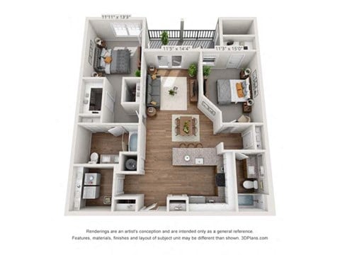 Floor plan for 2 beds, 2 baths, 1138 sqft