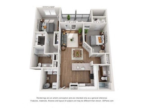 Floor plan for 2 beds, 2 baths, 1207 sqft