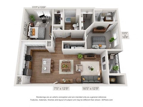 Floor plan for 2 beds, 2 baths, 1087 sqft