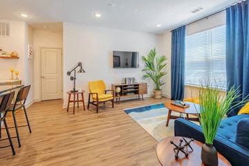 Belmont apartment for rent - A living room with a yellow chair and a blue couch.