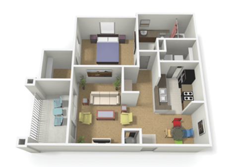 Floor plan for 1 bed, 1 bath, 770 sqft