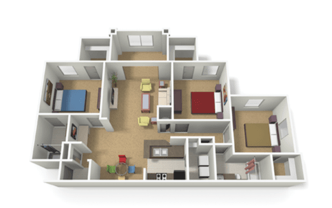 Floor plan for 3 beds, 2 baths, 1424 sqft