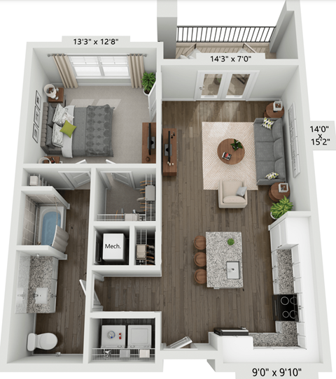 Floor plan for 1 bed, 1 bath, 787 sqft
