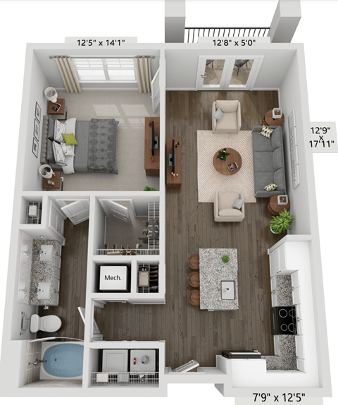 Floor plan for 1 bed, 1 bath, 761 sqft