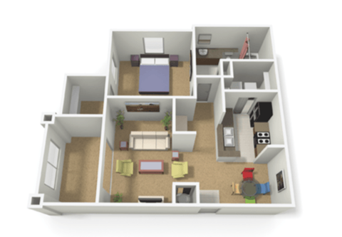 Floor plan for 1 bed, 1 bath, 872 sqft