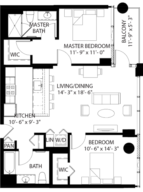 Floor plan for 2 beds, 1 bath, 1045 sqft