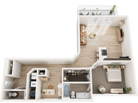 Floor plan for 1 bed, 1 bath, 1050 sqft