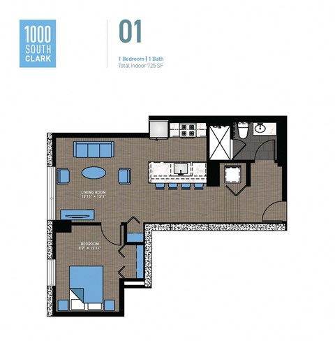 Floor plan for 1 bed, 1 bath, 725 sqft