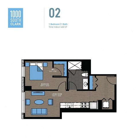 Floor plan for 1 bed, 1 bath, 660 sqft