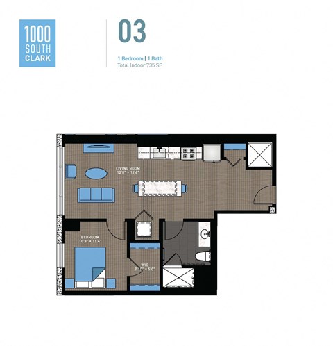 Floor plan for 1 bed, 1 bath, 735 sqft