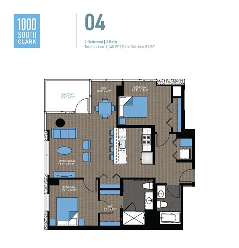 Floor plan for 2 beds, 2 baths, 1140 sqft