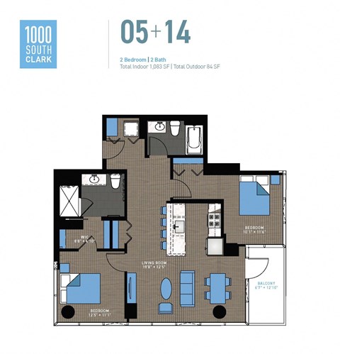 Floor plan for 2 beds, 2 baths, 1083 sqft