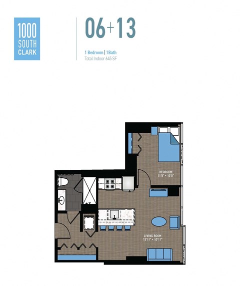 Floor plan for 1 bed, 1 bath, 645 sqft