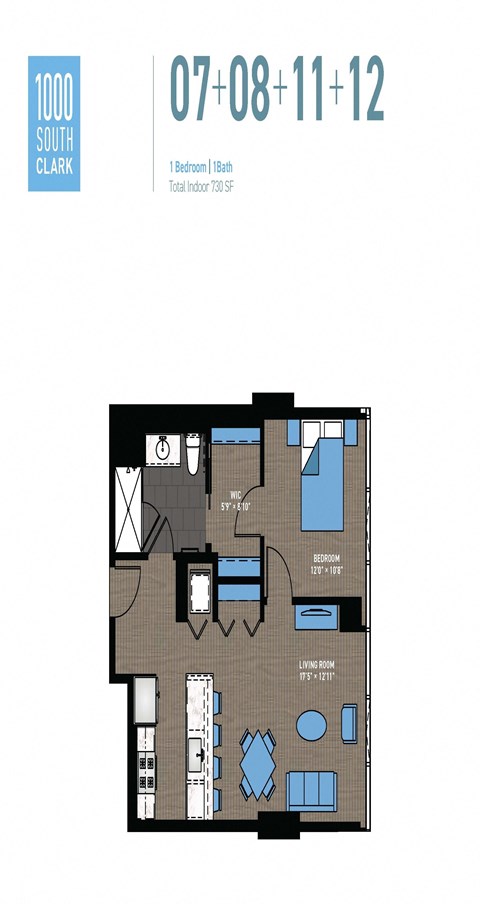 Floor plan for 1 bed, 1 bath, 730 sqft