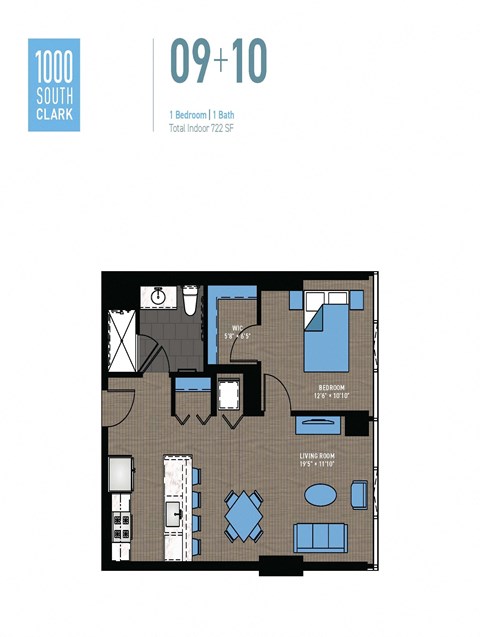 Floor plan for 1 bed, 1 bath, 722 sqft