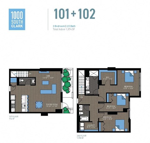 Floor plan for 3 beds, 2.5 baths, 1874 sqft