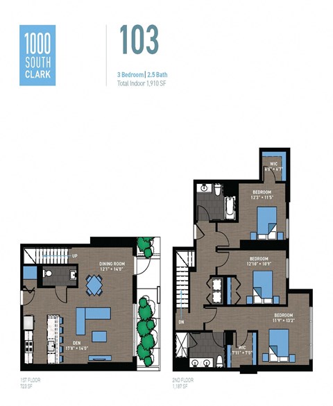 Floor plan for 3 beds, 2.5 baths, 1910 sqft