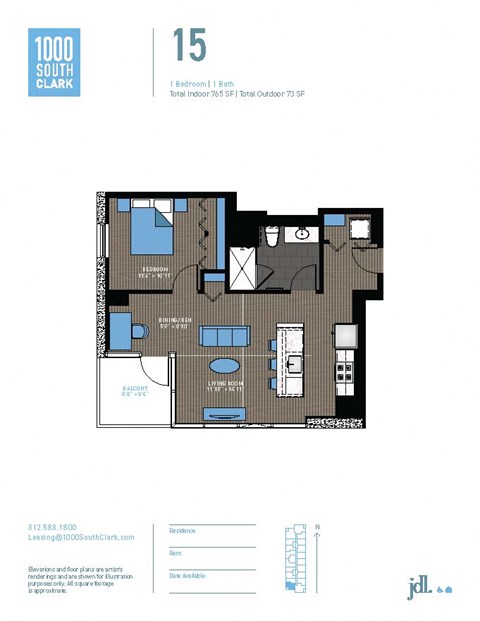 Floor plan for 1 bed, 1 bath, 765 sqft