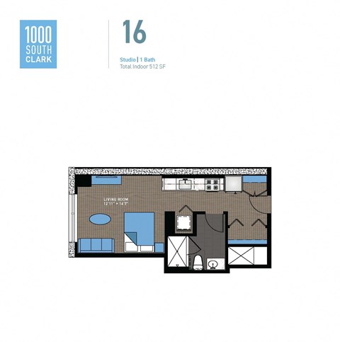 Floor plan for studio, 1 bath, 512 sqft