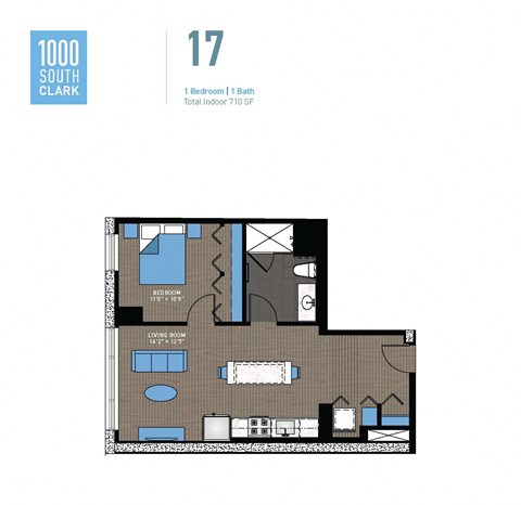 Floor plan for 1 bed, 1 bath, 710 sqft