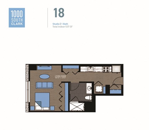 Floor plan for studio, 1 bath, 537 sqft