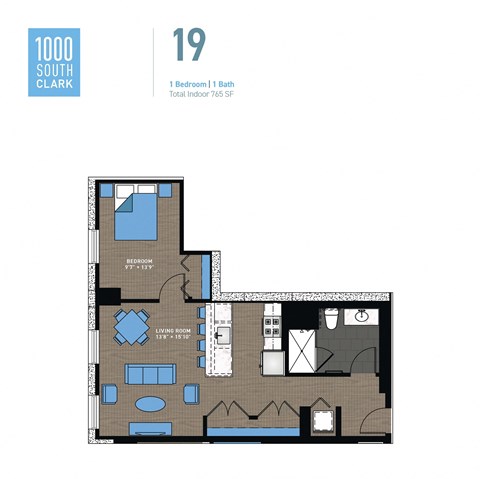 Floor plan for 1 bed, 1 bath, 765 sqft