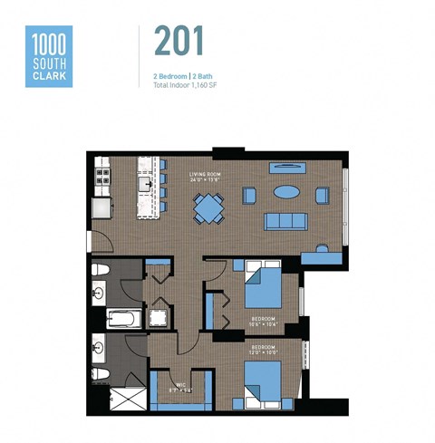 Floor plan for 2 beds, 2 baths, 1160 sqft