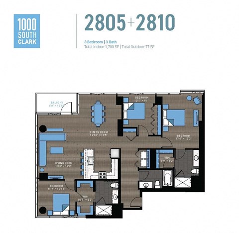 Floor plan for 3 beds, 2 baths, 1700 sqft
