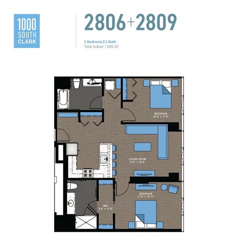Floor plan for 2 beds, 2 baths, 1085 sqft