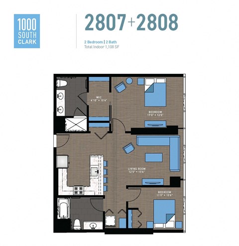 Floor plan for 2 beds, 2 baths, 1108 sqft