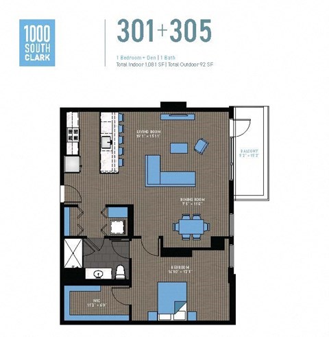 Floor plan for 1 bed, 1 bath, 1081 sqft