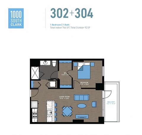 Floor plan for 1 bed, 1 bath, 766 sqft