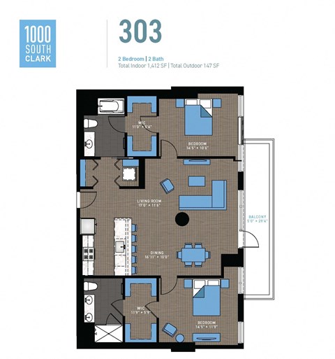 Floor plan for 2 beds, 2 baths, 1412 sqft