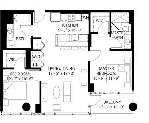 Floor plan for 2 beds, 2 baths, 1080 sqft