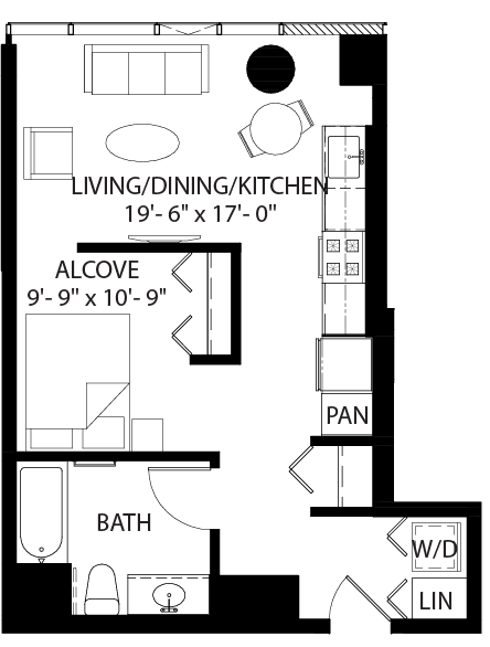 Floor plan for studio, 1 bath, 550 sqft