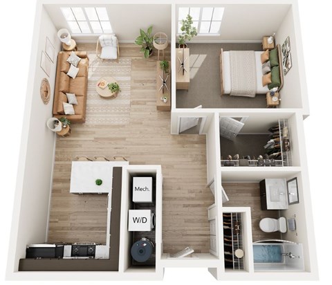 Floor plan for 1 bed, 1 bath, 760 sqft