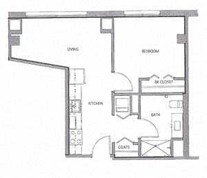 Floor plan for 1 bed, 1 bath, 490 sqft