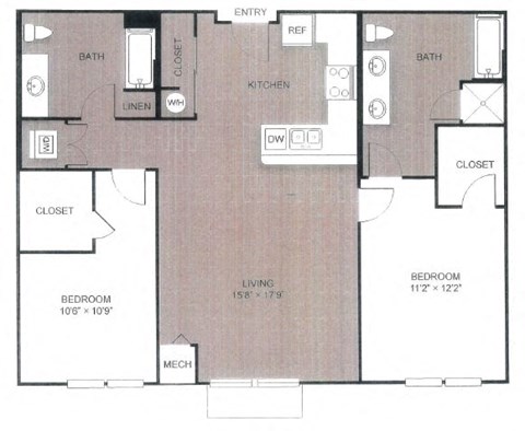 Floor plan for 2 beds, 2 baths, 1193 sqft