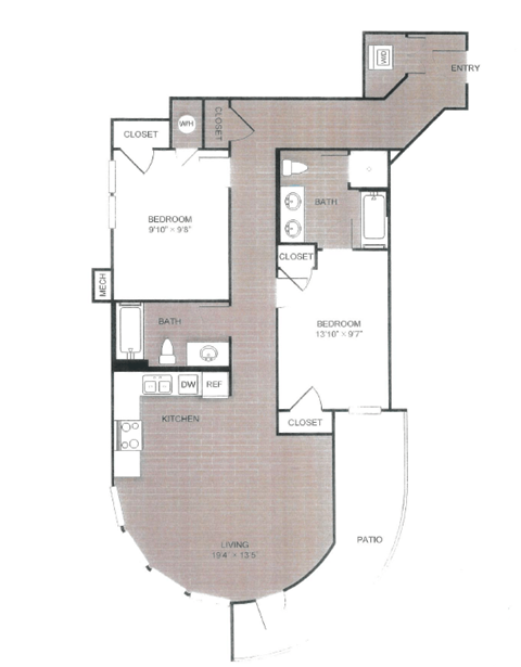 Floor plan for 2 beds, 2 baths, 1098 sqft