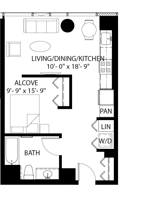 Floor plan for studio, 1 bath, 570 sqft