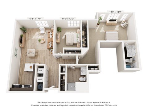 Floor plan for 2 beds, 2 baths, 1160 sqft