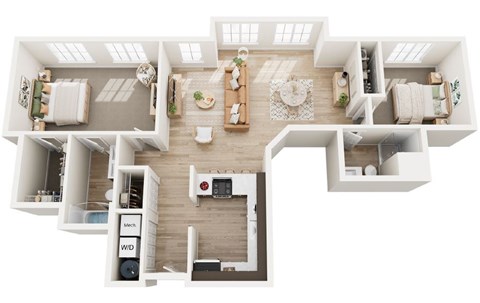 Floor plan for 2 beds, 2 baths, 1240 sqft