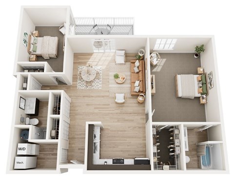 Floor plan for 2 beds, 2 baths, 1355 sqft