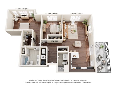 Floor plan for 2 beds, 2 baths, 1285 sqft