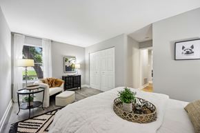 Palatine apartment for rent - A bedroom with a large bed and a small table with a plant on it.
