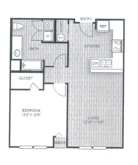 Floor plan for 1 bed, 1 bath, 811 sqft