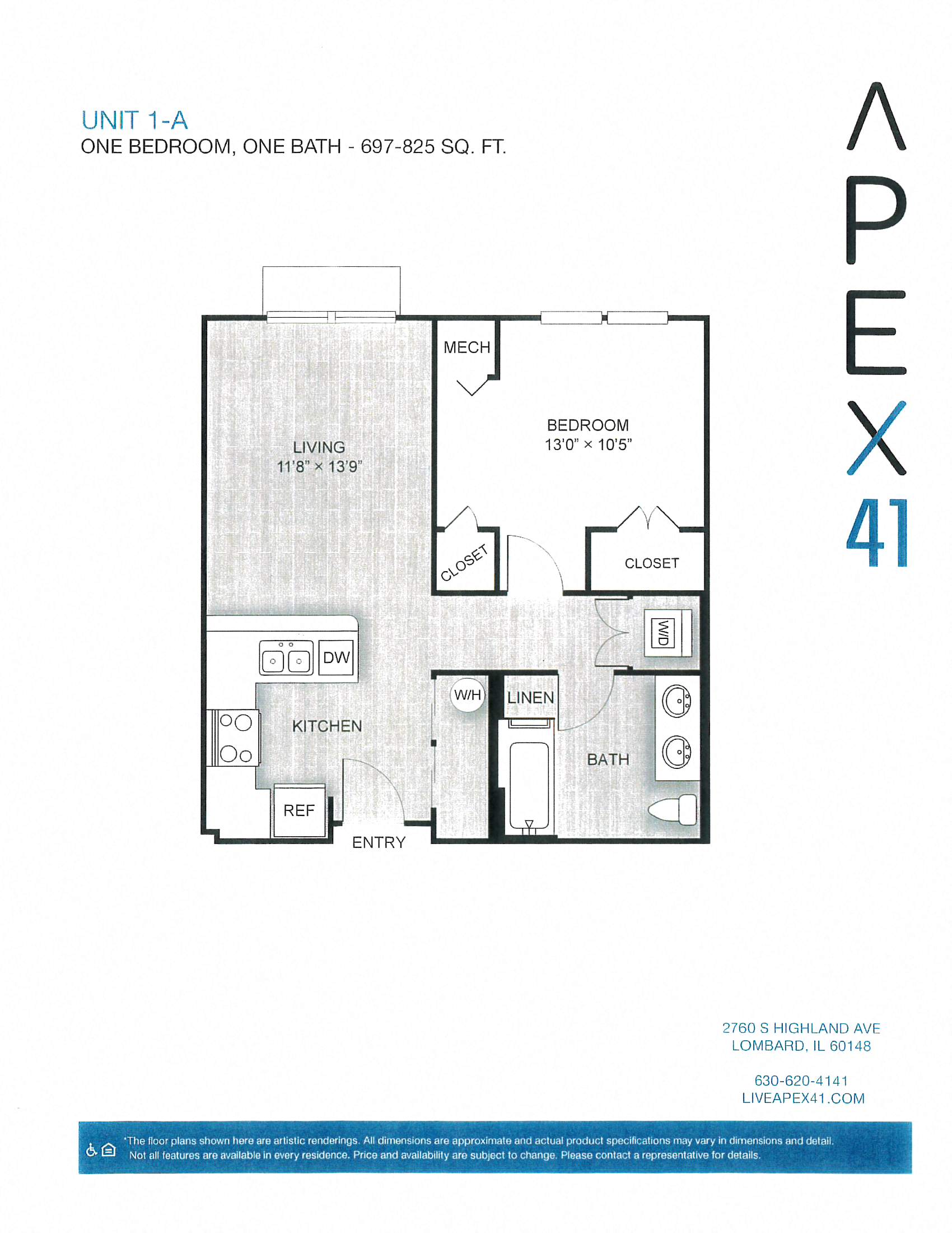 Floor plan for 1 bed, 1 bath, 825 sqft